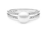 Eleganter doppelter Ring mit weißer Perle 7-7.5 mm, 2 Zirkoniaringe, 925er rhodiniertes Silber, Gaura Pearls, Estland