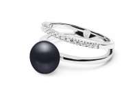 Eleganter Perlenring mit schwarzer Perle und parallelem Zirkoniaring, 925er rhodiniertes Silber, Gaura Pearls, Estland