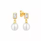 Preview: Perlenohrstecker mit weißer Süßwasserzuchtperle 7-7,5 mm, Zirkonia im Baguetteschliff, 585 Gelbgold plattiert auf 925er Silber, Gaura Pearls, Estland