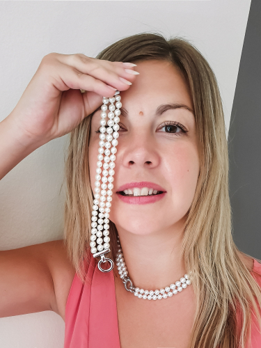 Luxury-Perlencollier weiß mit Zirkonia/Silber-Zierverschluss, rund, 7-10 mm,  40 cm, doppelt / lang tragbar Bild 4