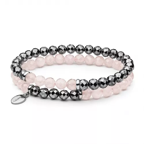 Modernes Doppel-Armband aus Terahertz und Rosenquarz facettiert 6-6.5 mm, 18 cm, flexibles Band, Gaura Pearls