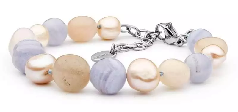 Design Edelstein Perlenarmband Achat Nephrit Perlen barock und reisförmig mehrfarbig, 20 cm, Stahl-Verschluss