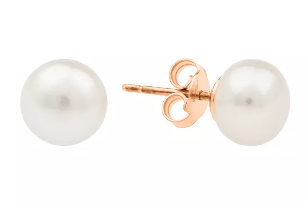 Klassischer Perlenohrstecker weiß rund 6.5-7.5 mm, 14KT Rosé Gold Sicherheitsverschluss, Gaura Pearls, Estland