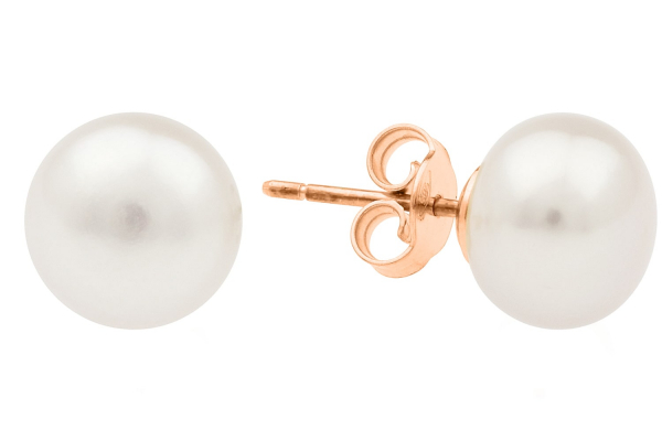 Klassischer Perlenohrstecker weiß rund 9.5-10 mm, 14KT Roségold, Sicherheitsverschluss, Gaura Pearls, Estland
