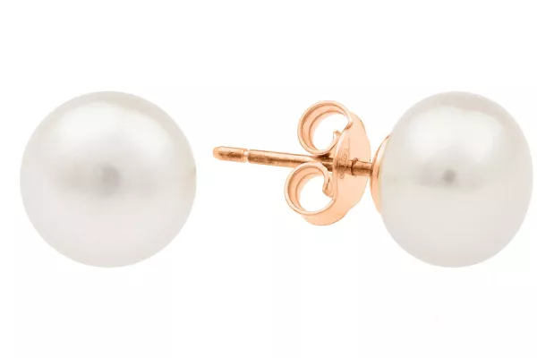 Klassischer Perlenohrstecker weiß rund 8.5-9 mm, 14KT Roségold, Sicherheitsverschluss, Gaura Pearls, Estland