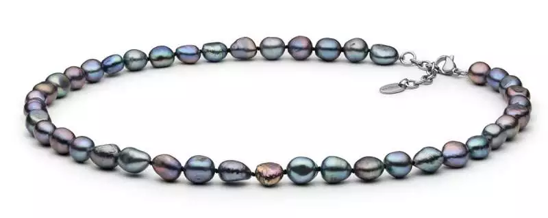 Einzigartige Perlenkette Barockperlen schwarz 8-9 mm, 45 cm, Verschluss Stahl variabel, Gaura Pearls, Estland