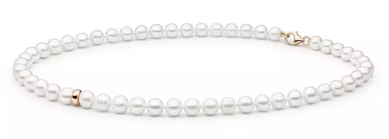 Elegante Perlenkette weiß "Modern white" rund 7-8 mm 40 cm, Verschluss 14 Karat Roségold plattiert 925er Silber, Gaura Pearls, Estland