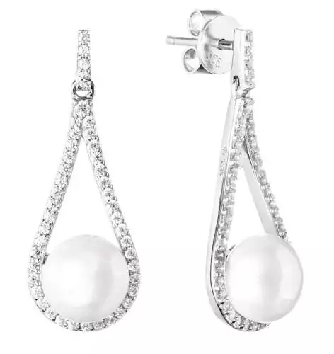 Elegante Perlenohrstecker hängend weiß rund 8.5-9 mm, Zirkonia, 925er Silber, Gaura Pearls, Estland