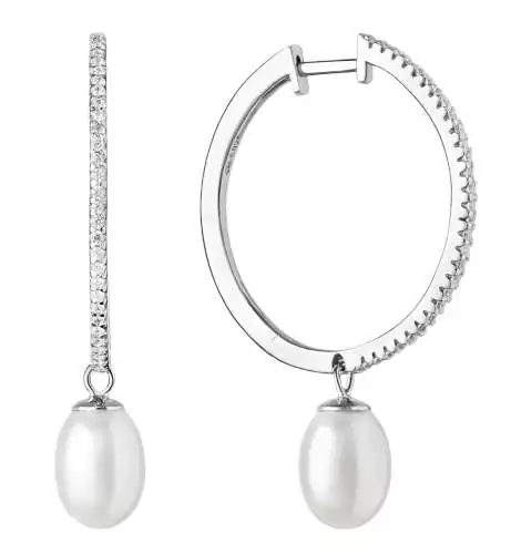 Eleganter Perlenohrring (Creolen) weiß tropfen 7.5-8.5 mm, Zirkonia, 925er Silber, Gaura Pearls, Estland