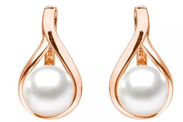 Eleganter Perlenohrring Roségold 585 plattiert (1 Mik) rund weiß 9.5-10 mm, Engl. Verschluss, Gaura Pearls, Estland