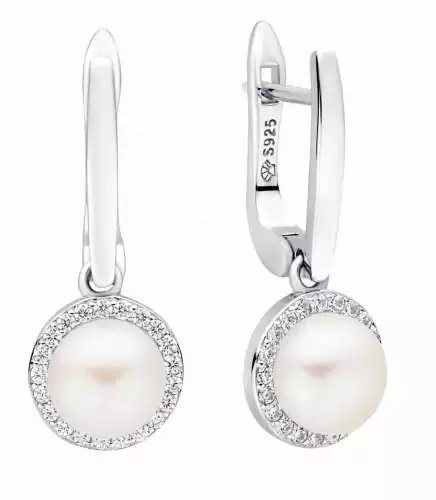 Eleganter Perlenohrring hängend weißer rund 7-7.5 mm, Zirkonia,Sich.verschluss 925er Silber, Gaura Pearls, Estland
