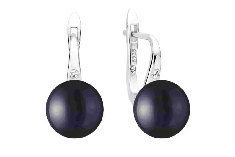 Perlenohrring hängend Zirkonia schwarz rund 10-10.5 mm, Zirkonia, Englischer Verschluss, 925er Silber, Gaura Pearls, Estland
