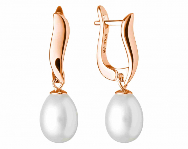 Eleganter Perlenohrring in Roségold 585 plattiert (1 Mik) weiß reisförmig 8-8.5 mm, Engl Verschluss, Gaura Pearls, Estland