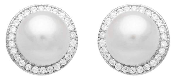 Eleganter Perlenohrstecker weiß rund 9-10 mm, Zirkonia, 925er Silber Sicherheitsverschluss, Gaura Pearls, Estland