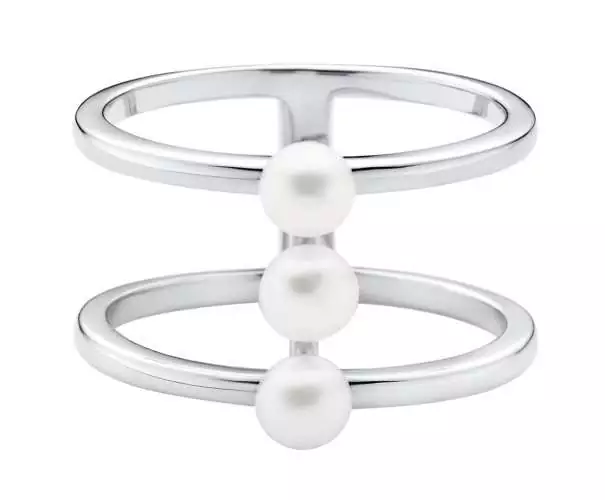 Eleganter Doppel-Ring mit weißer Perle, 925er rhodiniertes Silber, Gaura Pearls, Estland