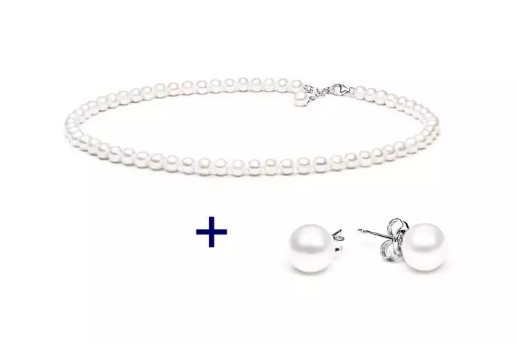 Perlenschmuck Set - Klassisch elegant - Perlenohringe weiß und Perlenkette weiß Bild 1