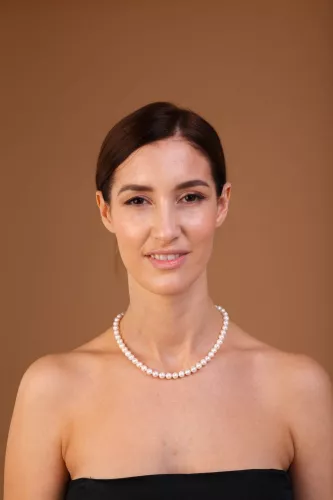 Gaura Pearls Perlenkette - weiß, rund, 8 mm, 45-48 cm, 585 Gelbgold plat.