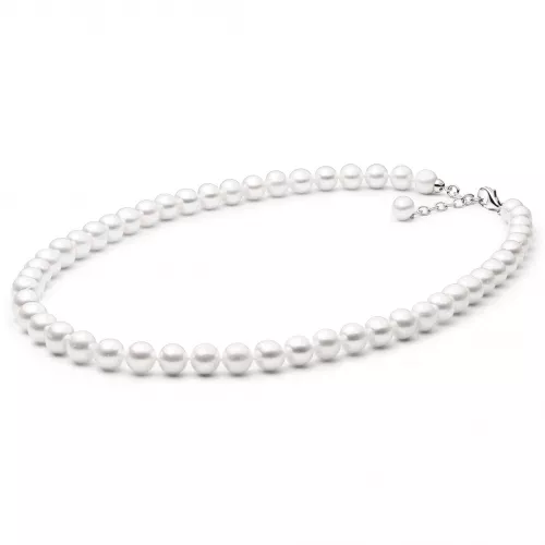 Gaura Pearls Perlenkette - weiß, rund, 9 mm, 50-53 cm, 925 Silber