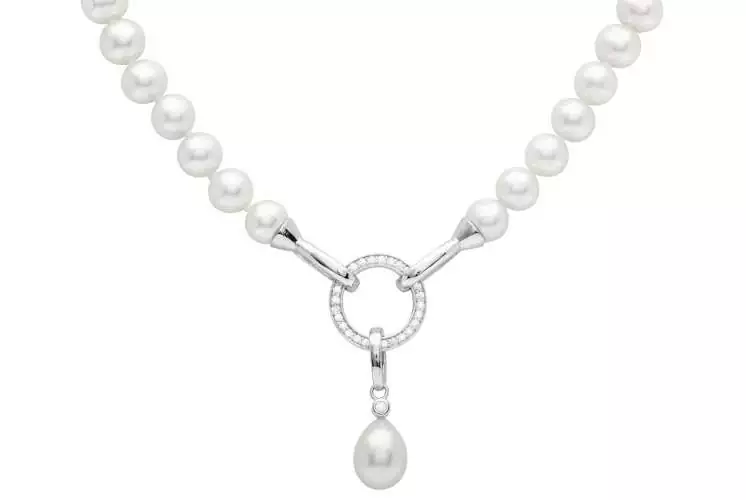 Perlenkette von Perlen, Silber und Zirkon - weiß, 8-9 mm, 50 cm, 925er Silber, Gaura Pearls, Estland
