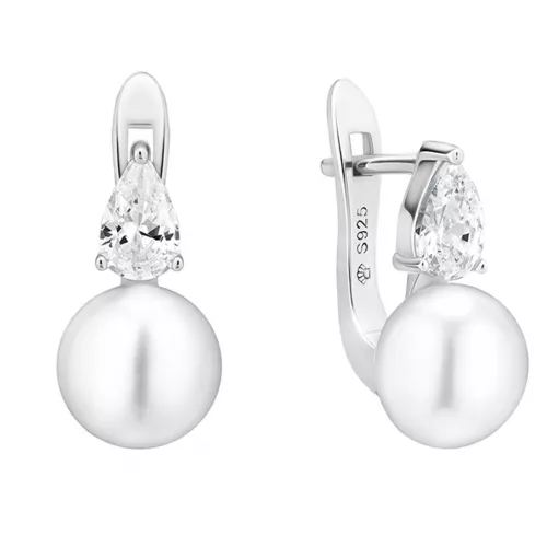 Perlenohrring hängend Zirkonia weiß rund 8-8.5 mm, Zirkonia, Englischer Verschluss, 925er Silber, Gaura Pearls, Estland