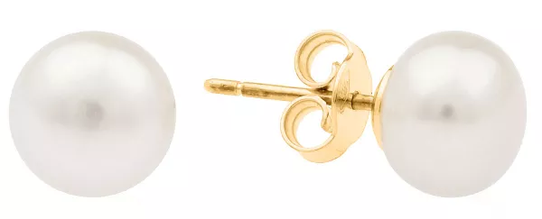 Klassischer Perlenohrstecker weiß rund 6.5-7 mm, 14KT Gelb Gold Sicherheitsverschluss, Gaura Pearls, Estland
