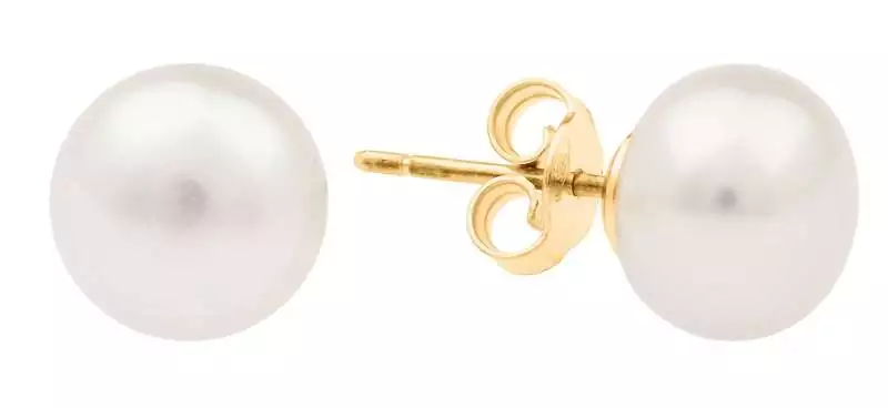 Klassischer Perlenohrstecker weiß rund 8.5-9 mm, 14KT Rosé Gold Sicherheitsverschluss, Gaura Pearls, Estland