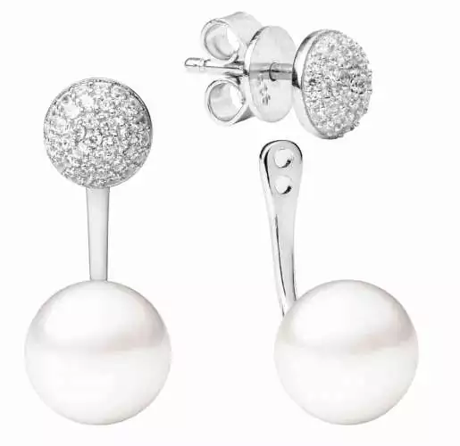 Kombinierter Perlenohrstecker weiß rund 8.5-9 mm, separat nutzbarer Zirkoniastecker, 925er Silber, Gaura Pearls, Estland