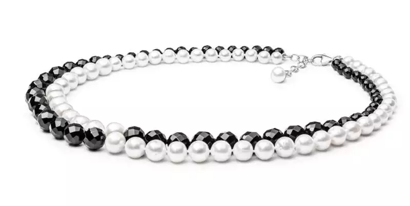 Perlenkette "black & white" 2-reihig - weiß rund 6-6.5 mm, Onyx schwarz 9-9.5 mm, 45 cm Länge, 925er Silber