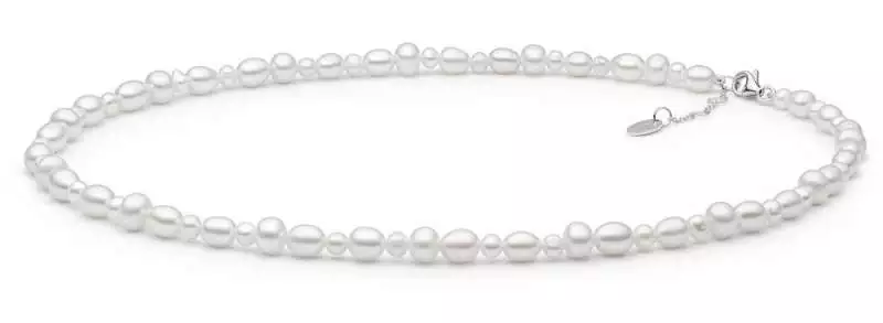 Leichte Perlenkette weiß rund, reis kombiniert 4-6.5 mm, 40 (+3) cm, Verschluss 925er Silber, Gaura Pearls, Estland