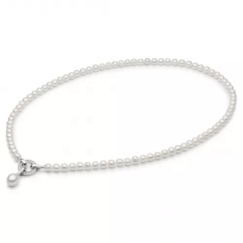 Luxury-Perlencollier weiß mit Zirkonia/Silber-Zierverschluss, rund, 5-5.5 mm, 45 cm