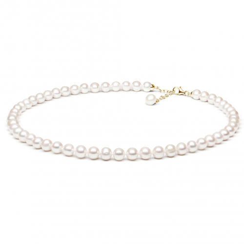 Gaura Pearls Perlenkette - weiß, rund, 9 mm, 45-48 cm, 585 Gelbgold plat.