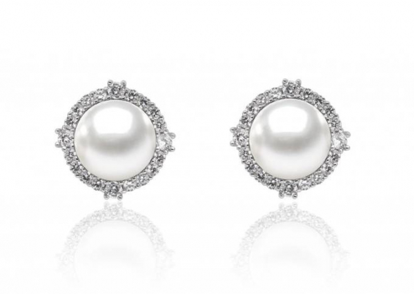Perlenohrstecker weiß rund 9.5-10 mm, Zirkonia, 925er Silber Sicherheitsverschluss, Gaura Pearls, Estland