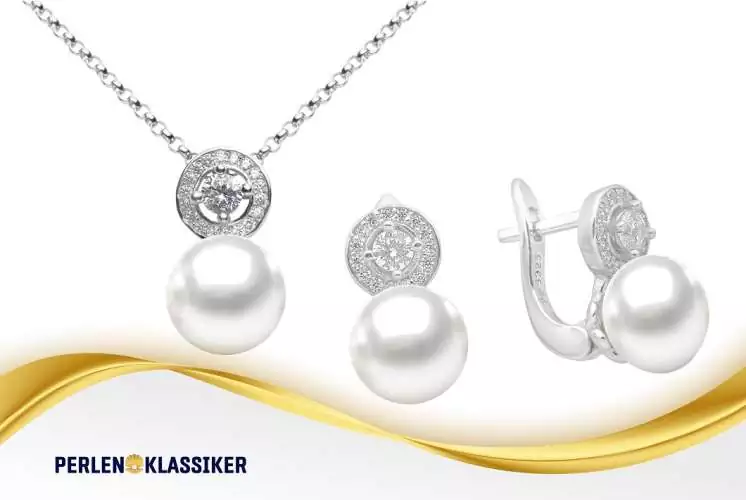 Schmuckset weiße runde Perlen mit Zirkonia Perlenkette und Perlenohrringe