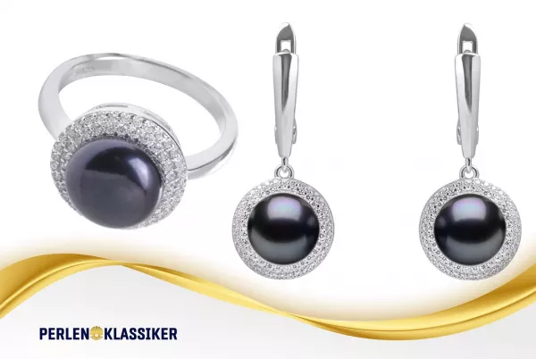 Schmuckset klassisch schwarz mit Zirkonia Ring und Ohrring englischer Verschluss