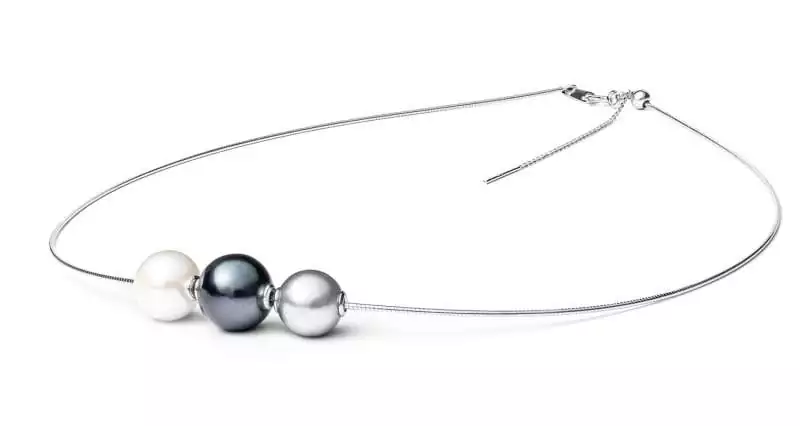Design-Silberkette Perlen, weiß, schwarz, grau, 11-12, 10-11, 9-10 mm, 38 cm, Gaura Pearls, Estland