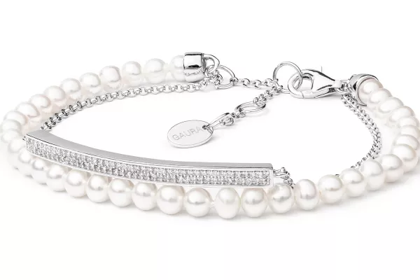 Elegantes sportliches Perlenarmband weiß rund 4-4.5 mm Zirkoniaschild, 17 cm, 925er Silber, Gaura Pearls, Estland 1