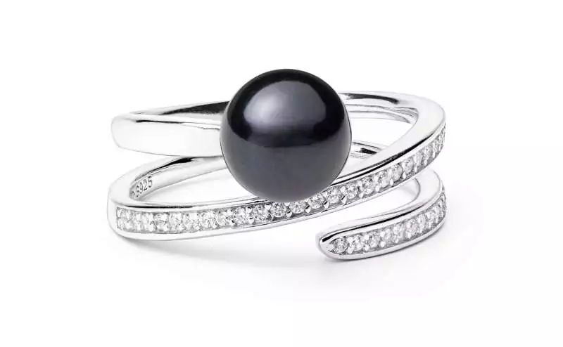 Geschwungener Ring mit schwarzer Perle 8-8.5 mm, Zirkonia, 925er rhodiniertes Silber, Gaura Pearls, Estland