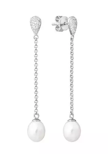 Eleganter Perlenohrstecker hängend lang weiß tropfen 7.5-8.5 mm, 925er Silber, Gaura Pearls, Estland
