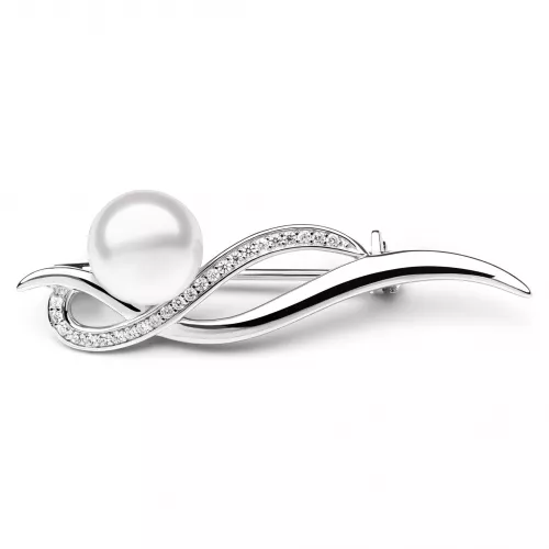 Brosche weiß 7.5-8 mm, Zirkonia, 925er rhodiniertes Silber, Gaura Pearls, Estland