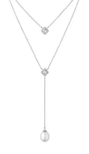 Elegante Duo-Silberkette mit Zirkonia und Perle, weiß 7.5-8 mm