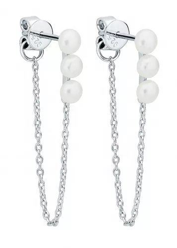 Eleganter Perlenohrstecker weiss rund, 3.5-4 mm, mit Kette, 925er Silber, Gaura Pearls, Estland