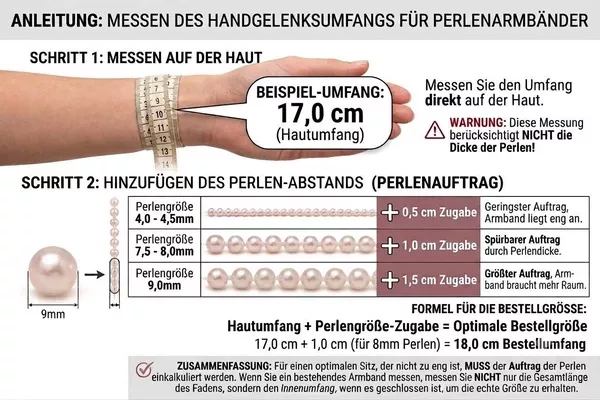 Anleitung: Handgelenkumfang für Perlenarmbänder richtig messen und die Perlengröße-Zugabe für die passende Bestellgröße berechnen