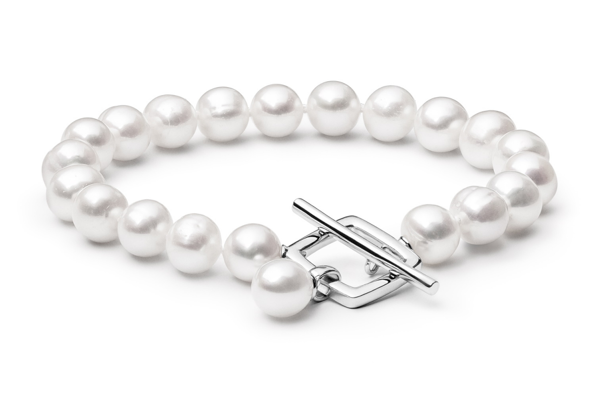 Elegantes Design-Perlenarmband weiß rund 7-8 mm, 21 cm, Designverschluss 925er Silber, Gaura Pearls, Estland