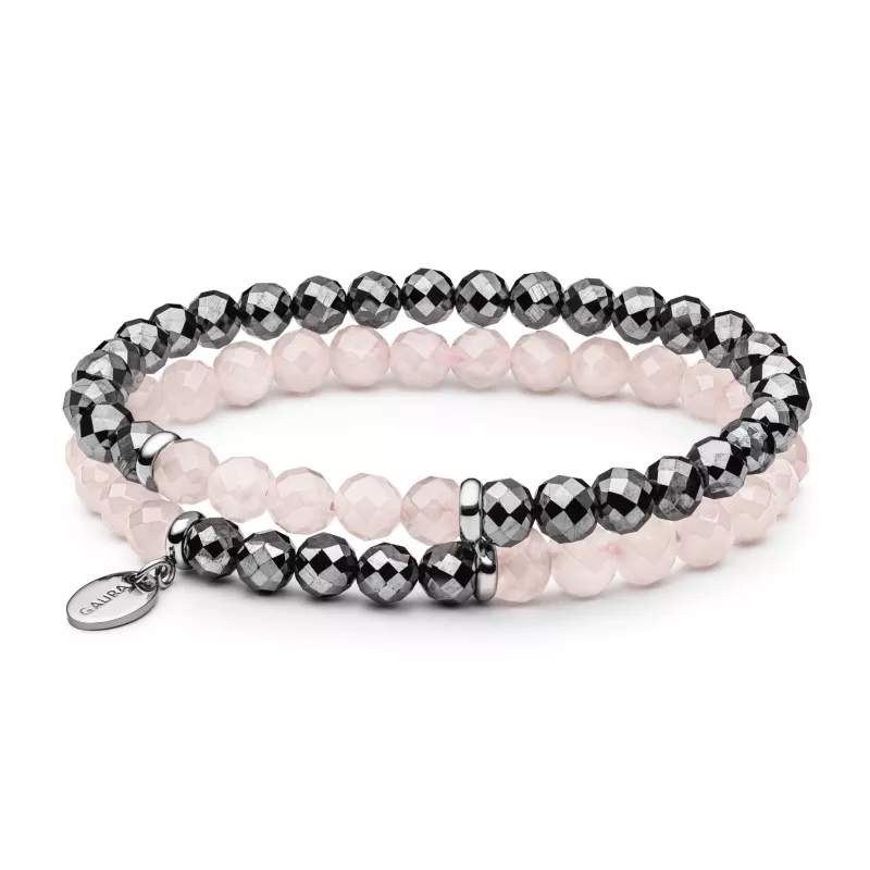 Modernes Doppel-Armband aus Terahertz und Rosenquarz facettiert 6-6.5 mm, 18 cm, flexibles Band, Gaura Pearls Modernes Doppel-Armband aus Terahertz und Rosenquarz facettiert 6-6.5 mm, 18 cm, flexibles Band, Gaura Pearls