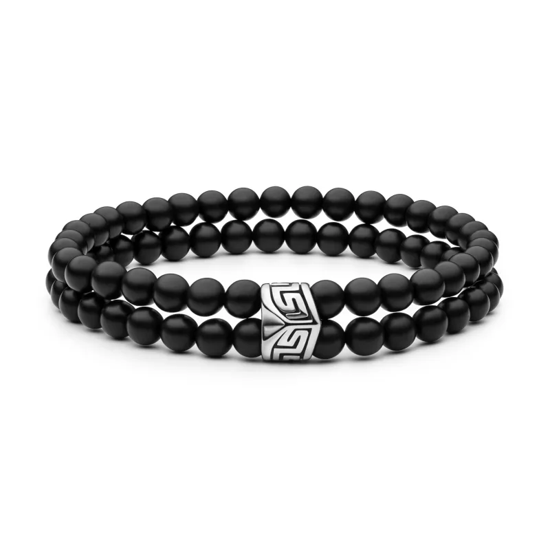 Klassisches doppeltes Onyx Armband Herren schwarz matt rund 6 mm, Verschluss Stahl, Gaura Pearls, Estland Klassisches doppeltes Onyx Armband Herren schwarz matt rund 6 mm, Verschluss Stahl, Gaura Pearls, Estland