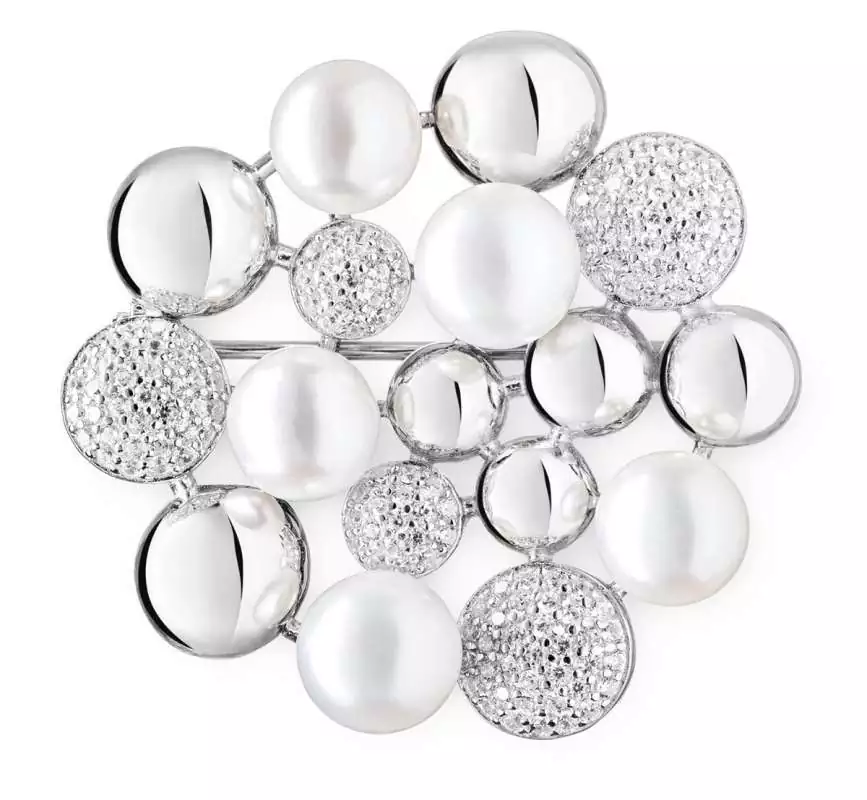 Brosche weiß 4 echte Perlen 6.5-7 mm mit Zirkonia, 925er rhodiniertes Silber, Gaura Pearls, Estland