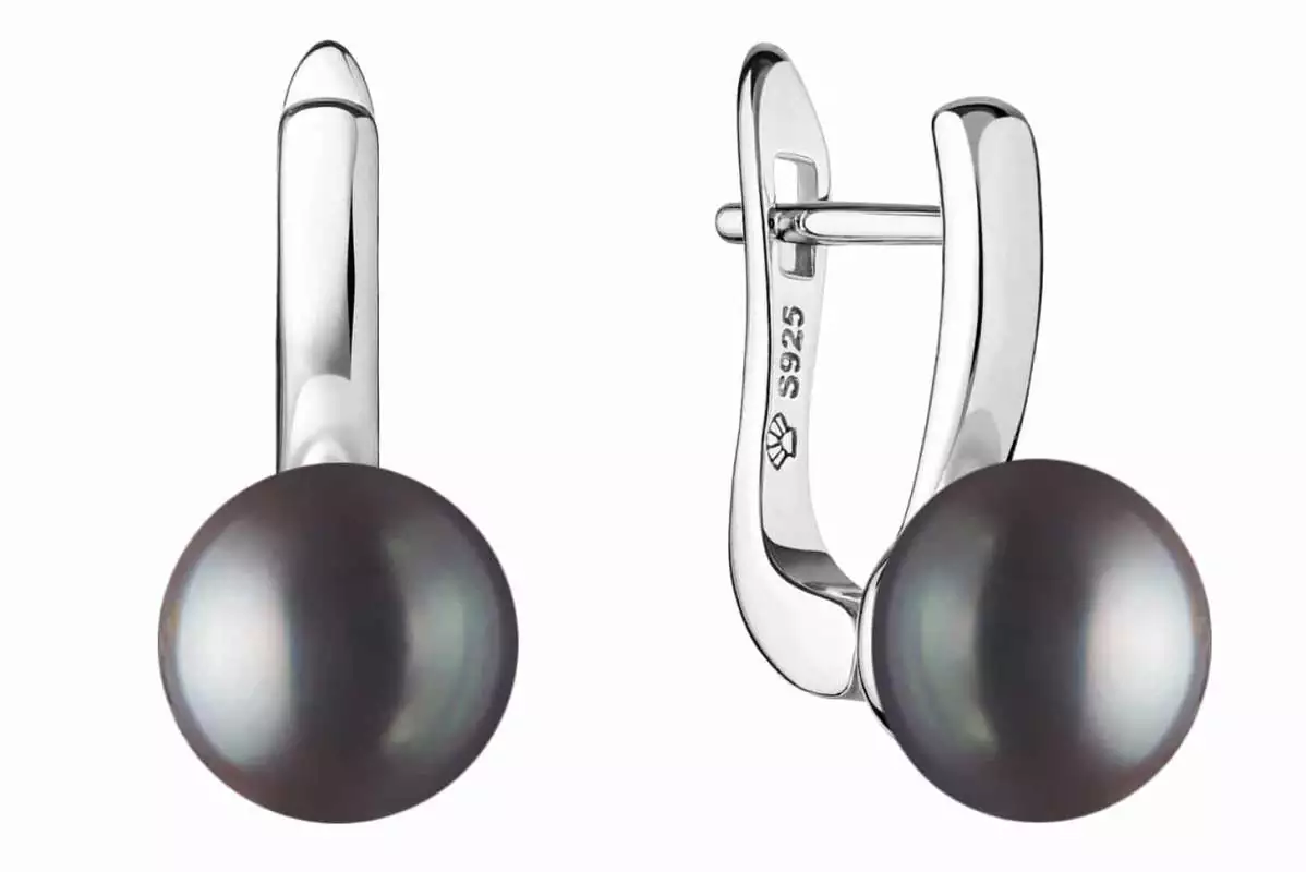 Casual Perlenohrring hängend schwarz rund 9-9.5 mm, Englischer Verschluss, 925er Silber, Gaura Pearls, Estland