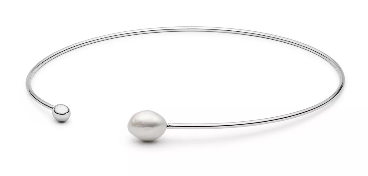 Moderner Design Halsreif, Perle weiss Kasumi like Perle, 10-11 mm, 38 cm, 925er rhodiniertes Silber, Moderner Design Halsreif, Perle weiss Kasumi like Perle, 10-11 mm, 38 cm, 925er rhodiniertes Silber,