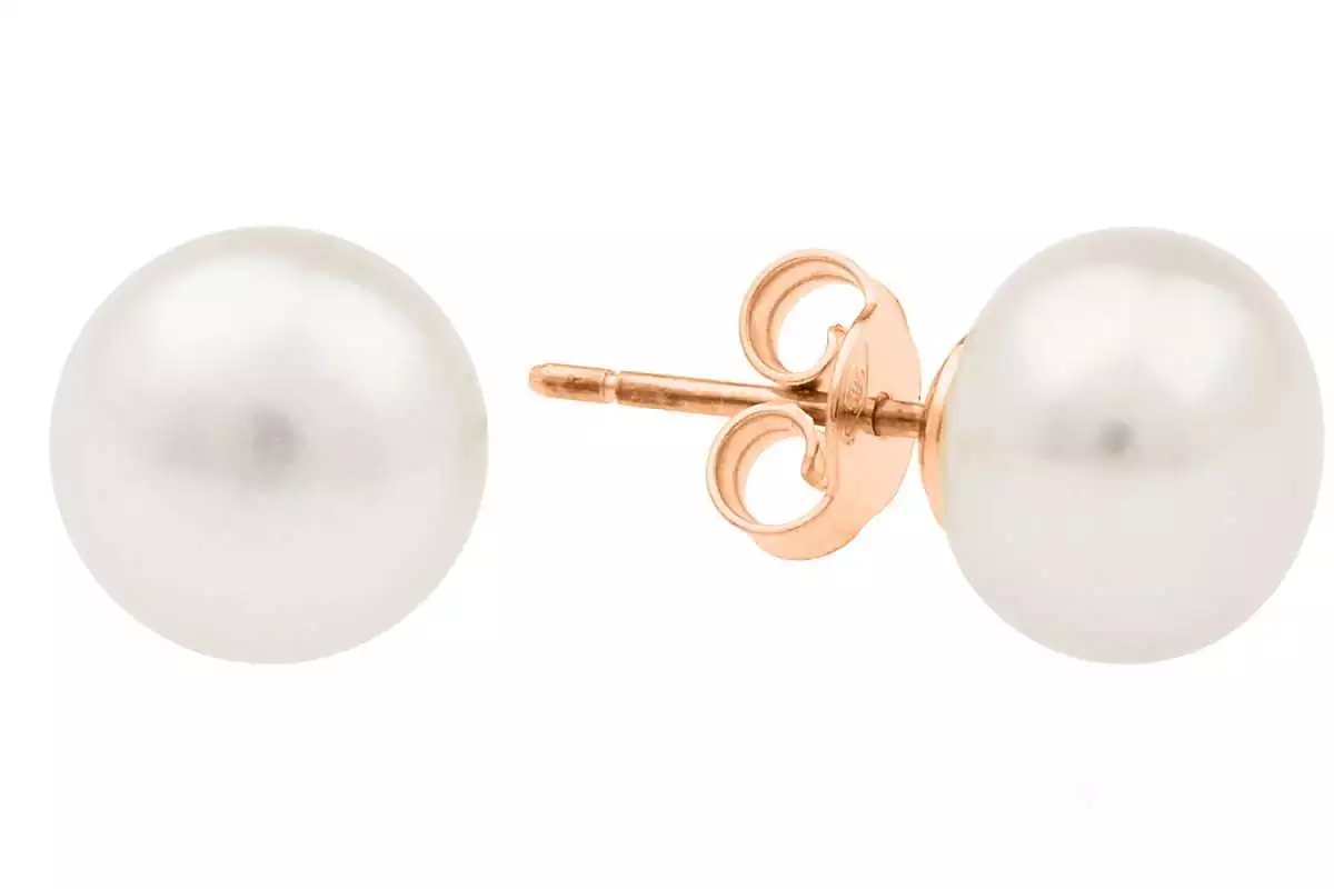 Klassischer Perlenohrstecker weiß rund 8.5-9.5 mm, 14KT Roségold, Sicherheitsverschluss, Gaura Pearls, Estland