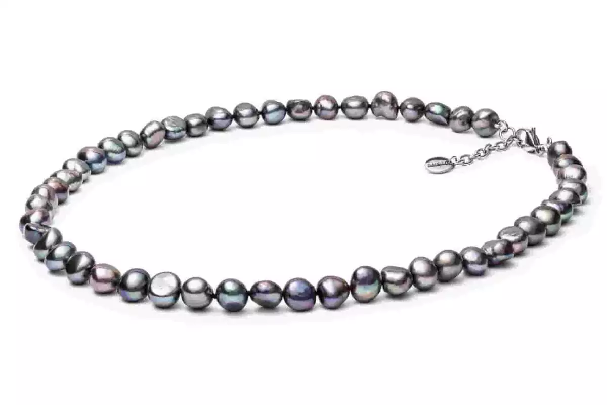Einzigartige Perlenkette Barockperlen schwarz 9-10 mm, 45 cm, Verschluss Stahl variabel, Gaura Pearls, Estland